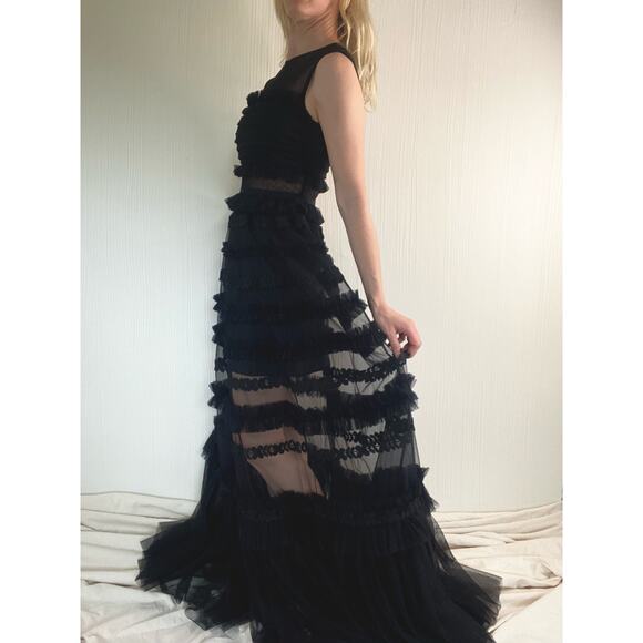 WHOLE 9 YARDS Black Tulle Ruffled Sheer Maxi Formal Gown SMALL - Picture 4 of 12